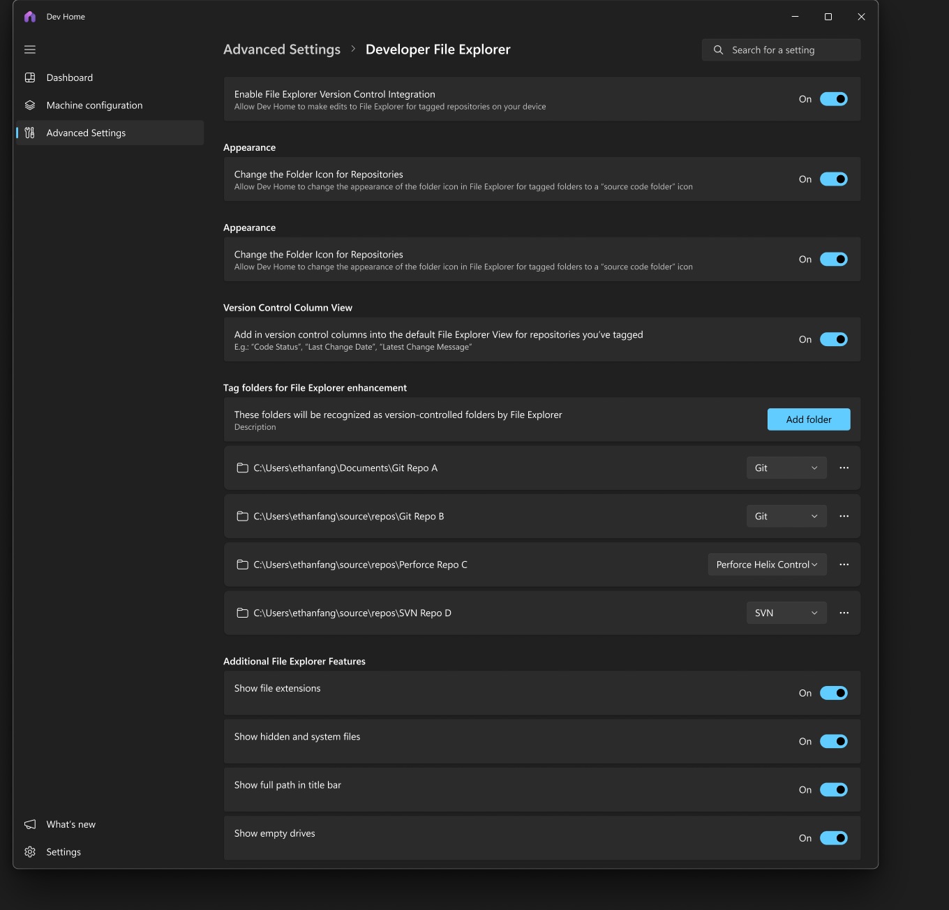 Advanced Settings in Windows 11 Dev Home